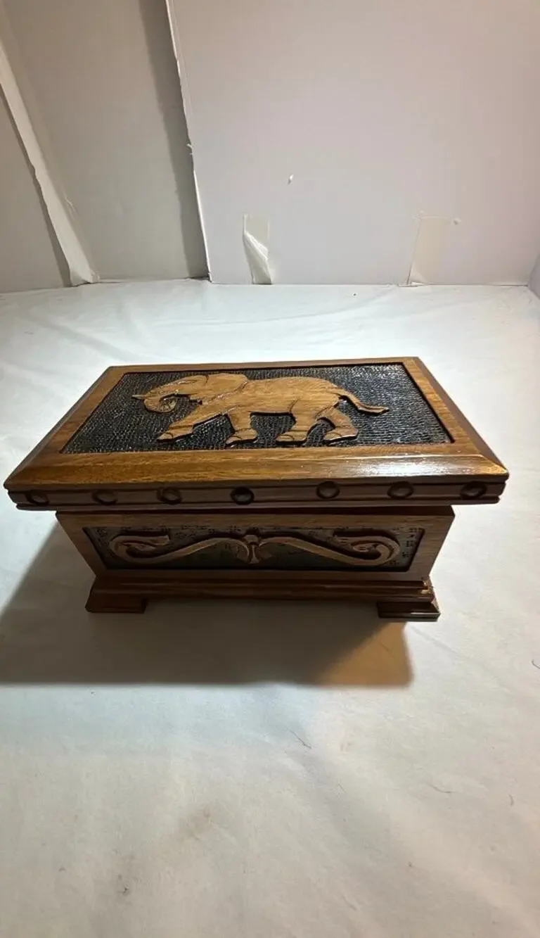 Vintage Wooden Jewelry Box with Elephant Inlay